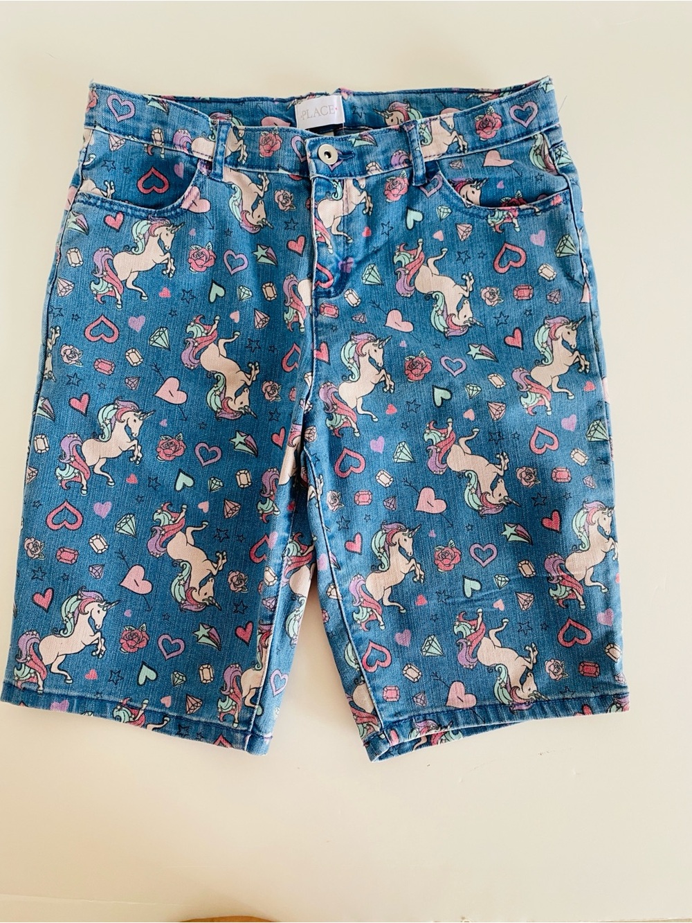 Place Girls Medium Wash Unicorn Print Blue Denim Jean Shorts 14 Plus Summer New